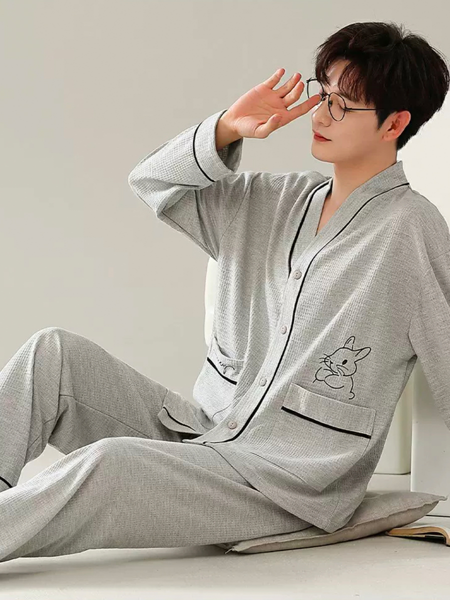 Pijamas para homens primavera e outono de manga comprida jovens simples casual lapela outono e inverno conjunto de roupas para casa