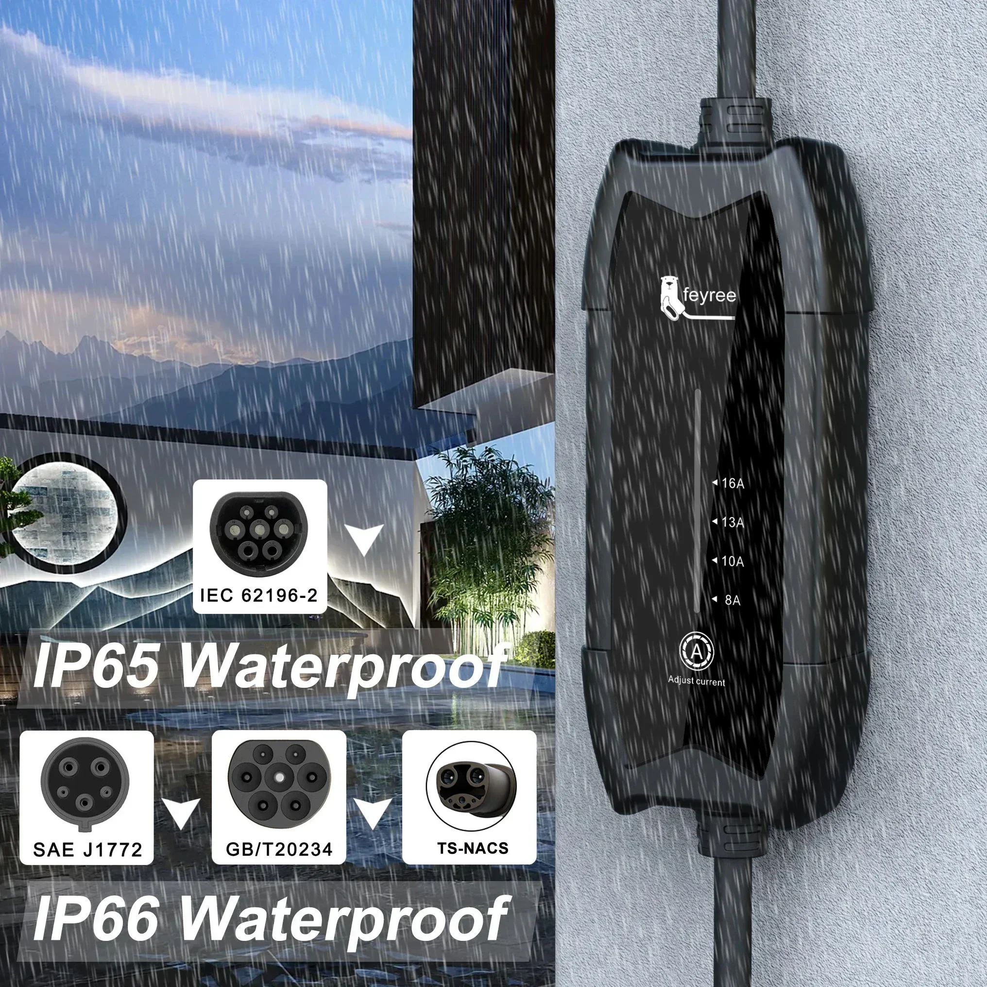 Feyree-電気自動車用ポータブル充電ステーション,タイプ2,3.5kw,16a,1相ev充電器,調整可能な電流,5mケーブル