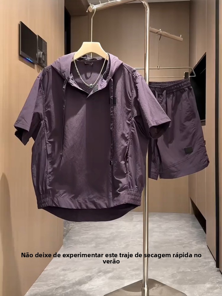 Conjunto de Roupas Casuais de Verão em Seda Gelada, Mole Solto de Manga Curta e orts, Conjunto de Duas Peças para Homens...