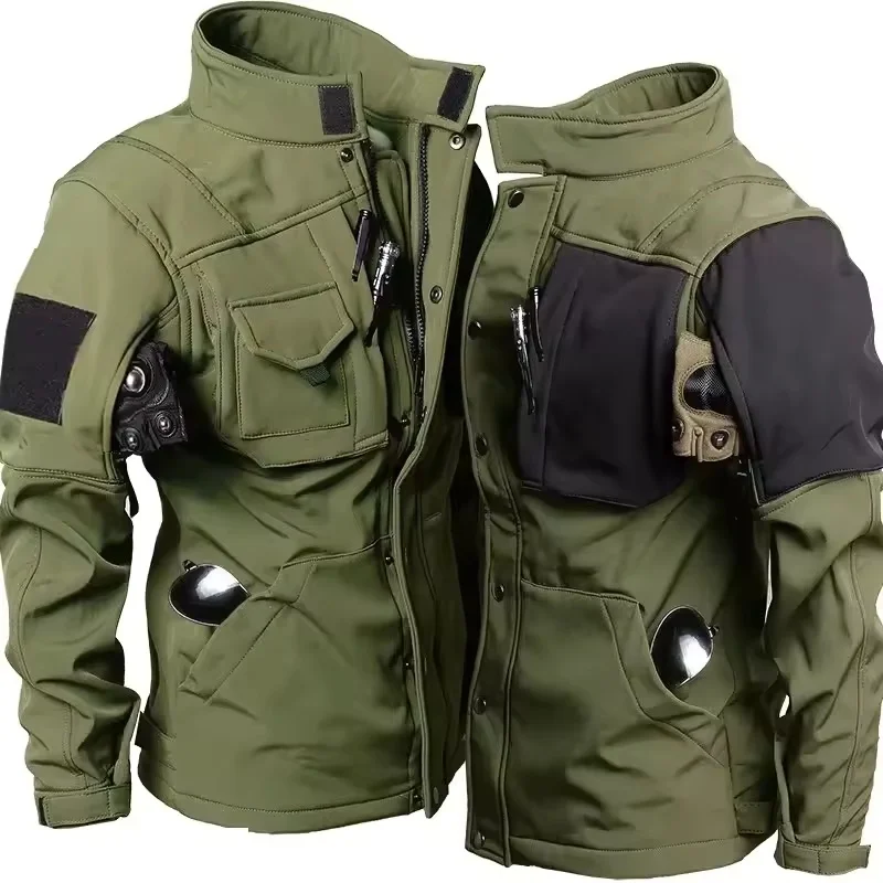 Jaqueta tática de tubarão masculina, forro de lã, à prova d'água, quente, casaco de combate ao ar livre com vários bolsos, corta-vento