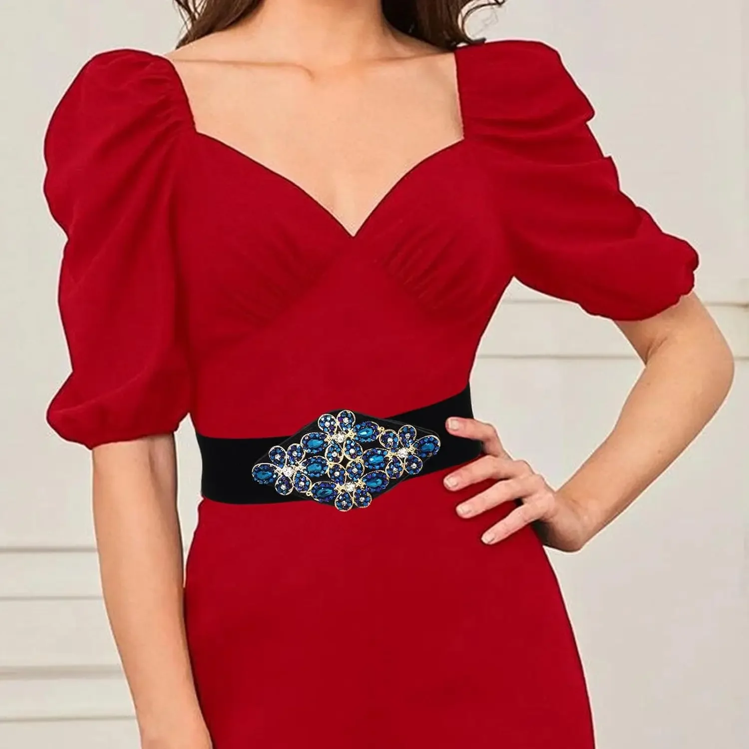 Cinto elástico de strass preto largo feminino azul cintos elásticos flor cintura jóias acessórios para vestido