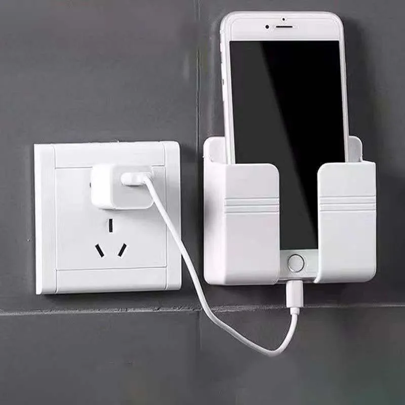 1Pc White Punch Free Wall Mount Phone Plug Holder Mobile Phone Charging Stand Air Conditioner TV Remote Control Storage Box