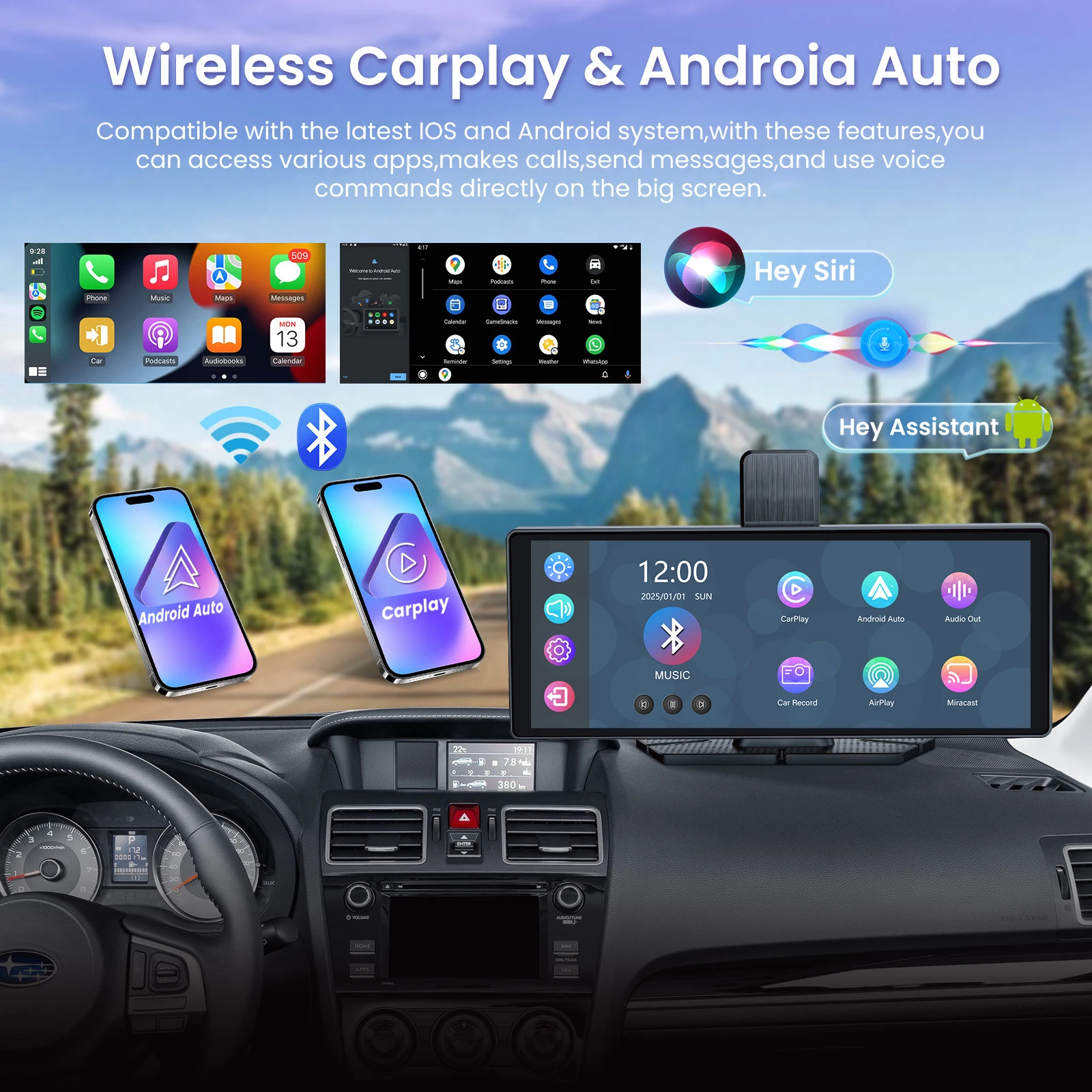 Aprilboy C4 4K 360 °   Cámara de salpicadero de rotación con pantalla inteligente de 10,26 "para coche, CarPlay inalámbrico y Android Auto AUX FM Bluetooth WIFI