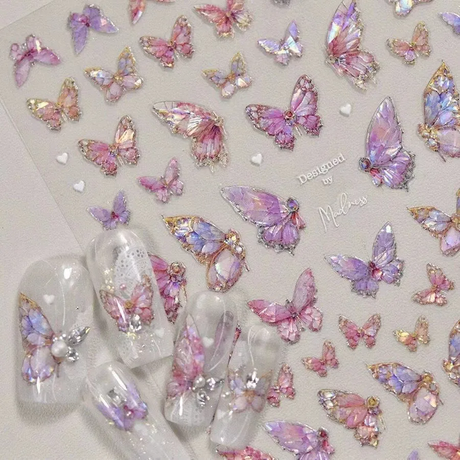Pegatinas de uñas de mariposa con purpurina en relieve 5D, decoraciones artísticas de uñas Aurora DIY, calcomanías de manicura, pegatinas de maquillaje