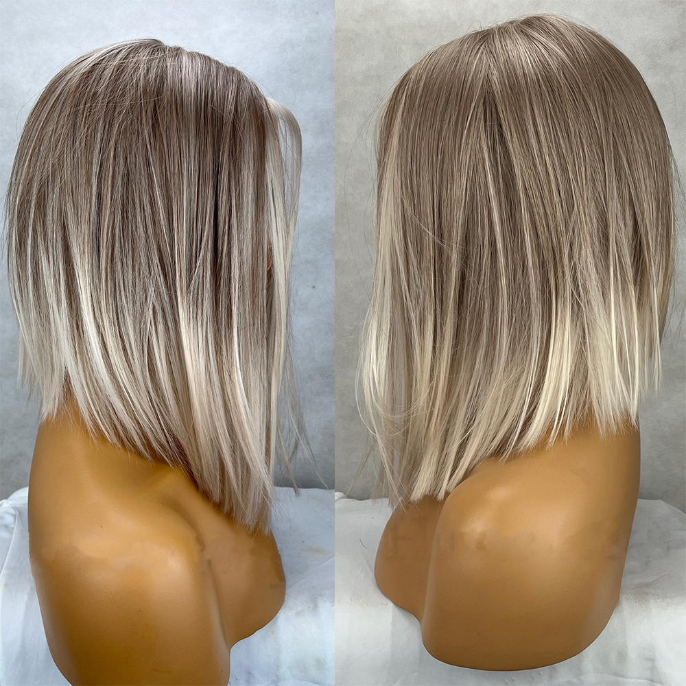 Hochwertige synthetische aschblonde weiße Balayage-Highlights-Bob-Perücke, 35,6 cm, gerader Mittelscheitel, 150 % Lace-Front-Perücke, hitzebeständig