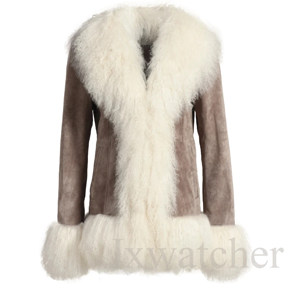 Jxwatcher Damen-Lederjacke, mongolischer Schaffellbesatz, echter Wildleder-Ledermantel, Damen-Winter, warme Echtlederjacke, Herbst