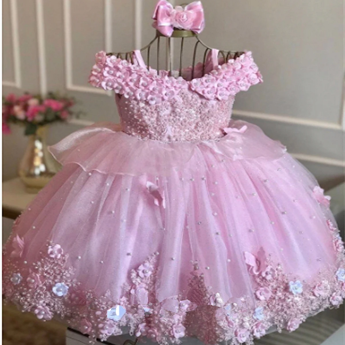Robe de luxe en dentelle pour bébé fille, tenue d'anniversaire avec des perles, avec des appliques, princesse à fleurs, longue robe de bal de noël