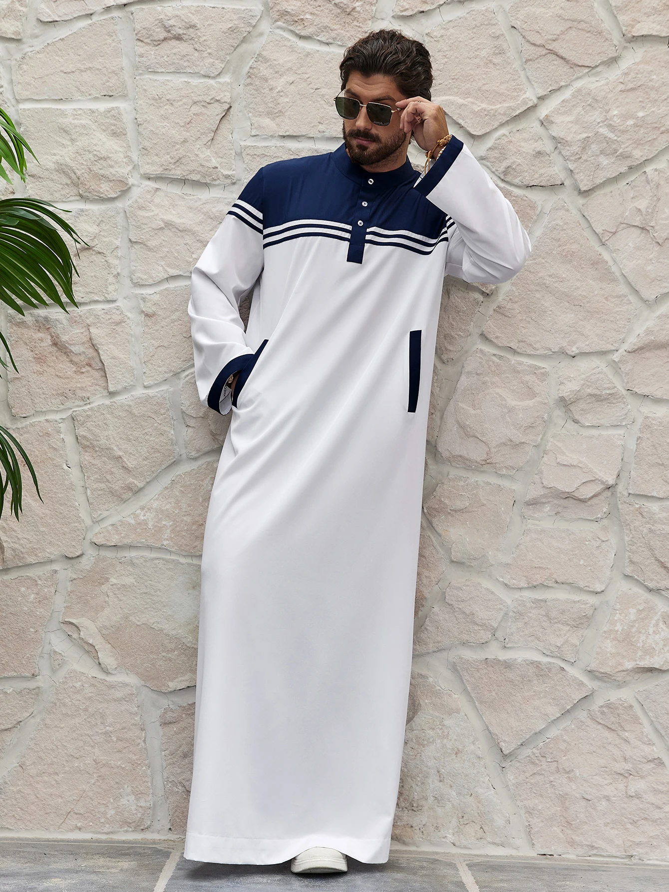 Islam Ramadán Color bloqueado Thobe musulmán tradicional para hombres, vestido largo islámico estilo Ramadán camisa bata, moda de Oriente Medio