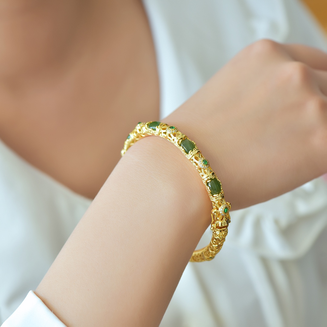 Esculpido oco cobre embutidos pulseiras JASPER para mulheres, pulseira de jade natural, encantos elegantes, presentes da jóia