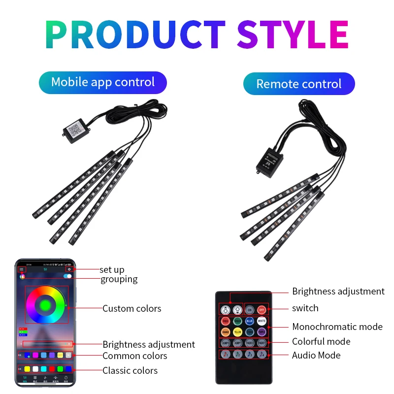นีออน LED ภายในรถ Ambient Foot Strip Light ชุดอุปกรณ์เสริม RGB Backlight Remote App ควบคุมเพลงอัตโนมัติโคมไฟตกแต่ง