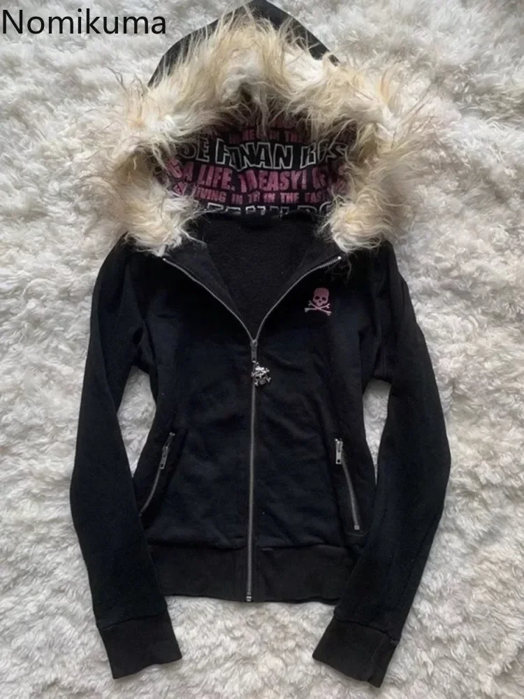 Sweat à capuche gothique noir pour femmes, vêtements avec lettres, crâne brodé, fermeture éclair, manteau Y2k, veste à capuche à la mode, sweat-shirt japonais, hauts Y2K