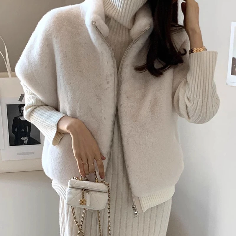 Colete de Pele Sintética Vintage Simples com Gola Alta para Outono e Inverno, Estilo Versátil com Zíper para Mulheres