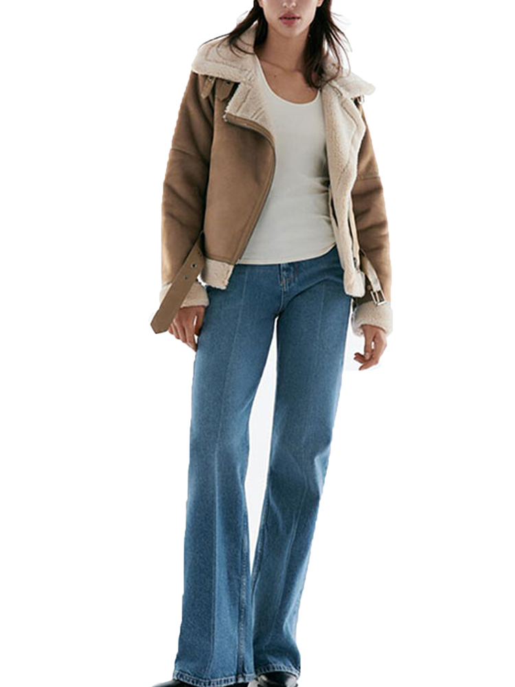 FMFSSOM ผู้หญิง Faux Suede เสื้อหนัง Lambskin ฤดูใบไม้ผลิหญิงสีน้ำตาลขนสัตว์ฤดูหนาว Warm Windproof Moto Biker Lambs สั้น Outw