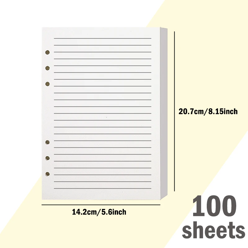 100 Sheets of A5 Six-Hole Loose-Leaf Paper, Kraft Paper Color Horizontal Lines, Notebook Loose-Leaf Book Planner, Binder Folder Replacement Core,