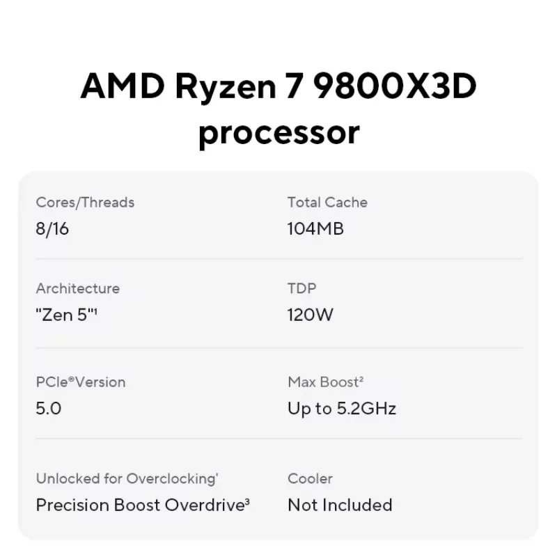 AMD Ryzen ™   7 9800X3D Nowy procesor, 3D V-Cache 8C/16T 120W do 5,2 GHz, L3=96M 100- 100001084   Gniazdo AM5, ale bez chłodnicy