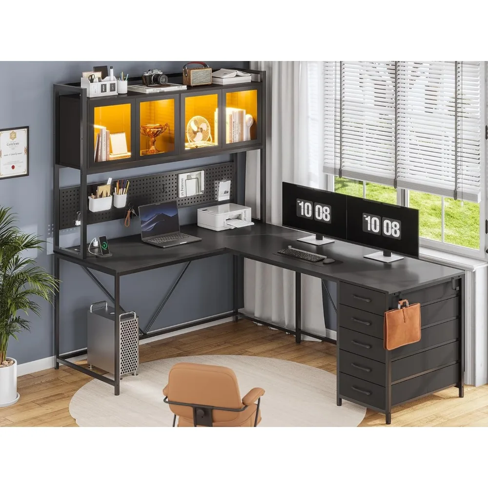 L Shaped Computer Desk with Hutch and Storage Shelves, Gaming Desk with Pegboard, Led Lights, and Power Outlet, Home Office Desk
