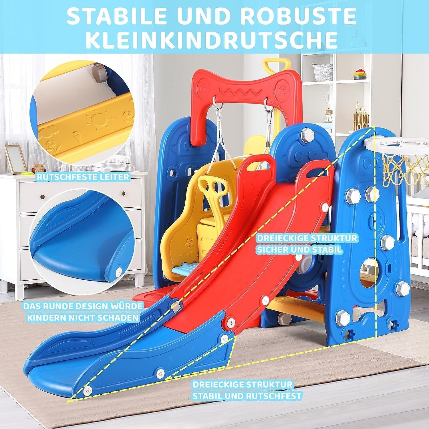 Juego de columpio y tobogán 3 en 1 para niños de 1 a 7 años, parque infantil interior para niños, columpio para bebés con tobogán, camas, aro de baloncesto