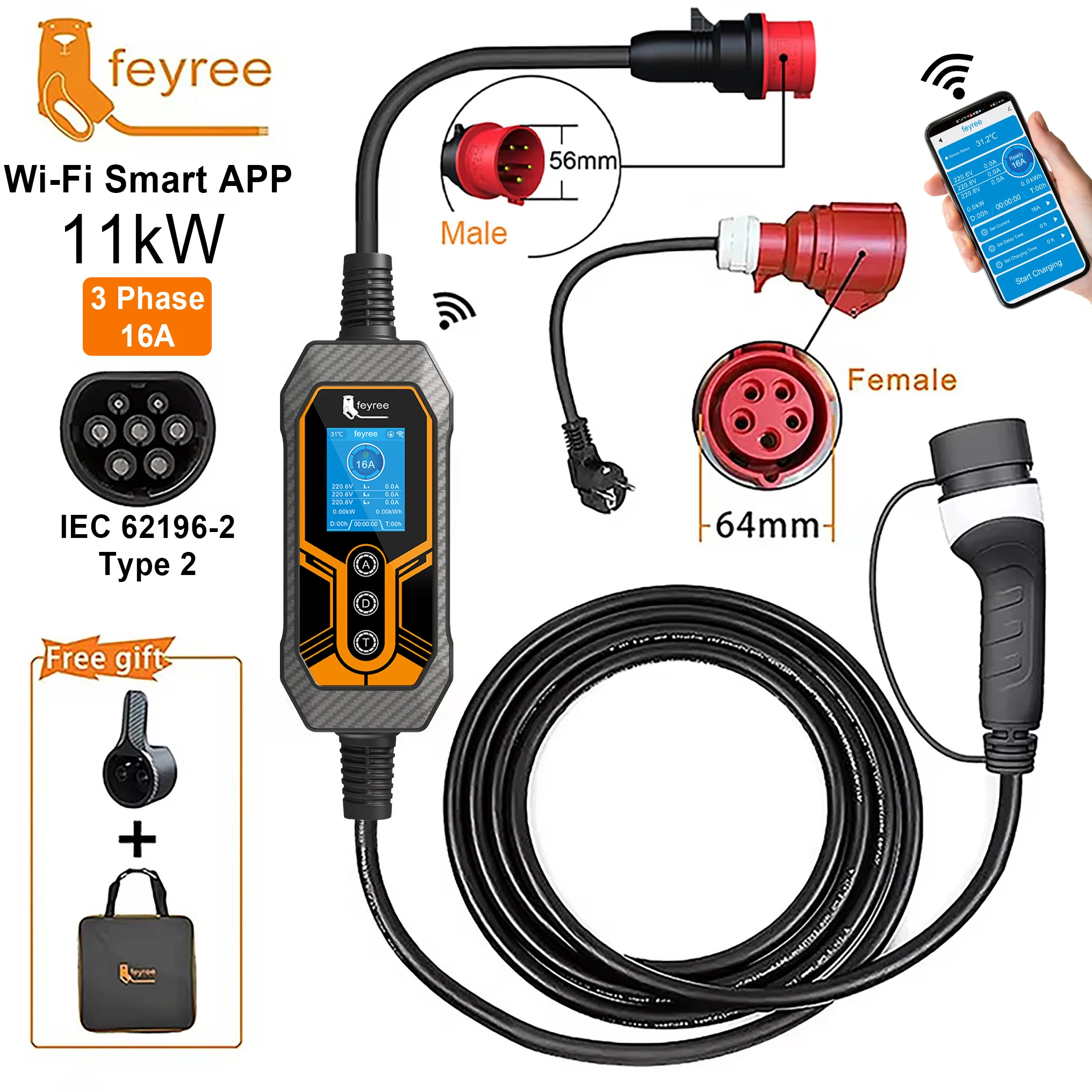 Feyree Tipo 2 Carregador EV Portátil 11KW 16A 3 Fase Wi-Fi APP Versão Bluetooth Cabo de Carregamento EVSE 5m Plugue CEE para Carro Elétrico