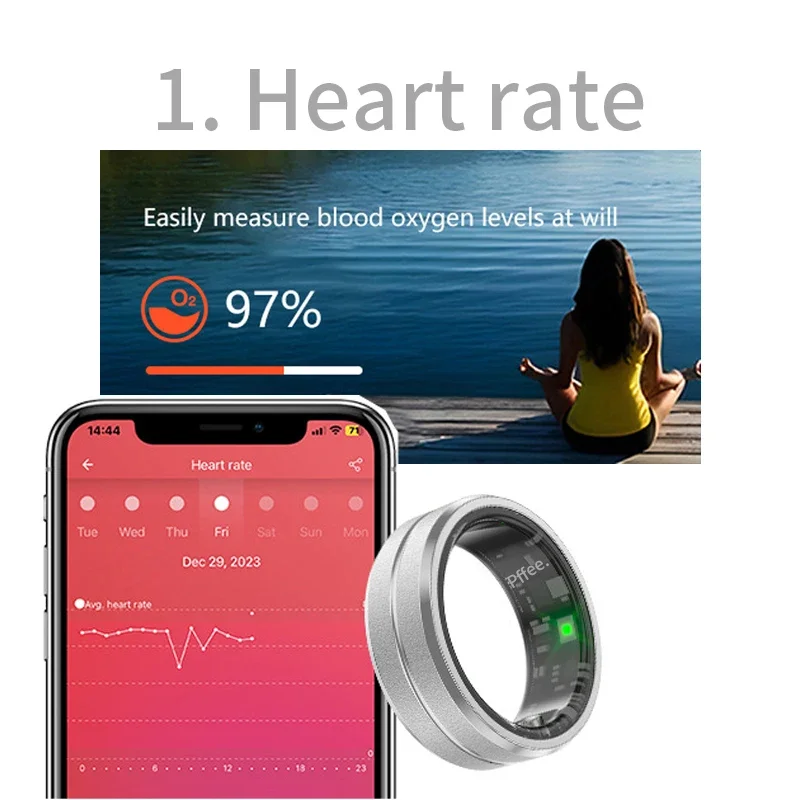Pffee แหวนสแตนเลสสําหรับผู้หญิงผู้ชายเครื่องประดับแหวนสมาร์ท App กีฬาสุขภาพ Tracker Heart Rate เลือดออกซิเจน Monitor