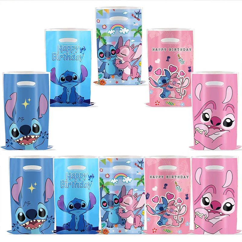 30 Uds. Bolsas de regalo de fiesta de punto azul y rosa con asas bolsas de recuerdos de fiesta temáticas de Lilo y Stitch Baby Shower decoración de fiesta de cumpleaños para niños