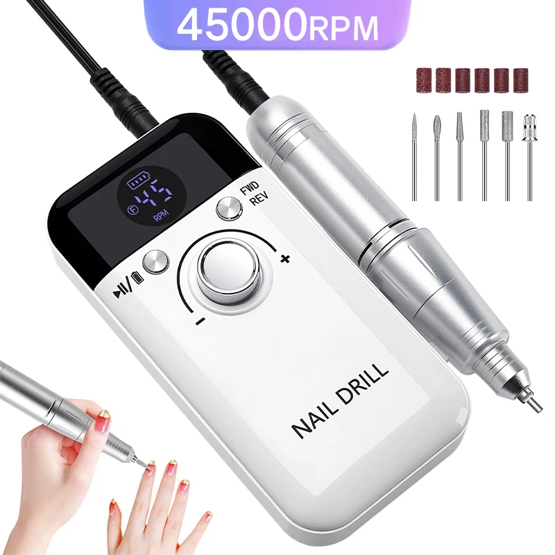 Taladro de uñas de 45000RPM con taladro de uñas portátil de poco ruido, lima lijadora de uñas recargable para herramienta de salón de manicura