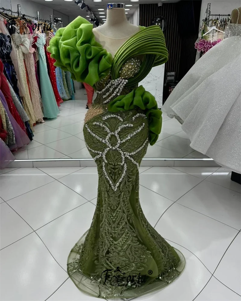 คริสตัลเงิน Ruffles Mermaid Party Dress สีเขียว Elegant Lace Appliques 3D ชุดราตรี Gowns vestidos deformales