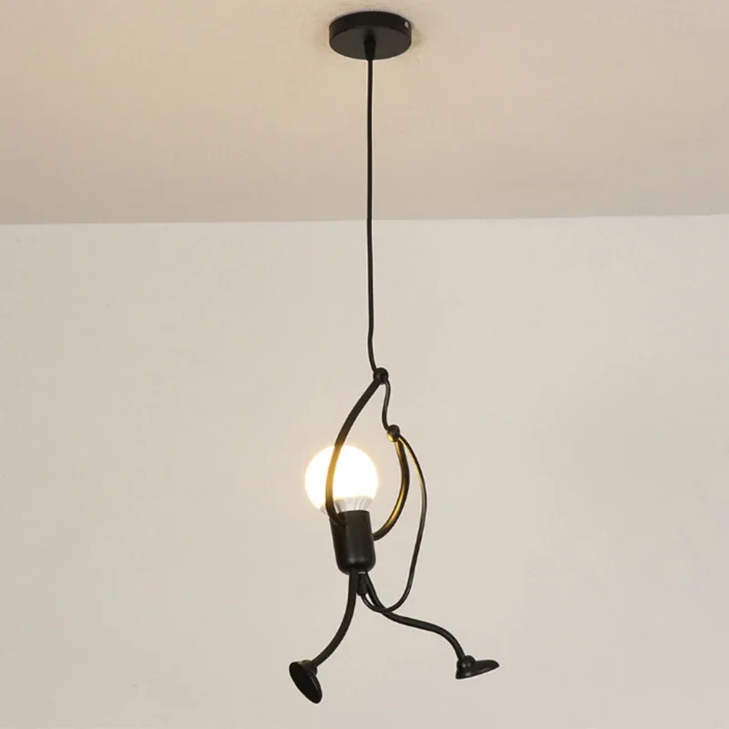 Vintage ferro pequeno homem artes modernas lustre led lâmpada do teto casa sala de estar crianças quarto decoração preto e27 luzes pingente