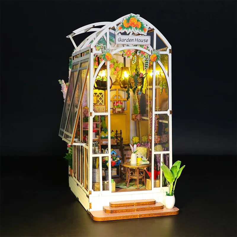 DIY ガーデンハウスブックコーナー棚インサートミニチュア構築キット木製フラワーガーデンルーム本棚 LED ライト付きドールハウス