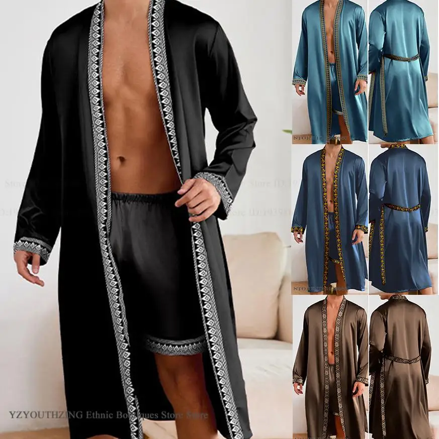 Männer Lange Robe Pyjamas Set Barock Stil Kimono Bademantel Kleid Frühling Sommer Männliche Nachtwäsche Hause Kleidung Rayon Loungewear Pijamas