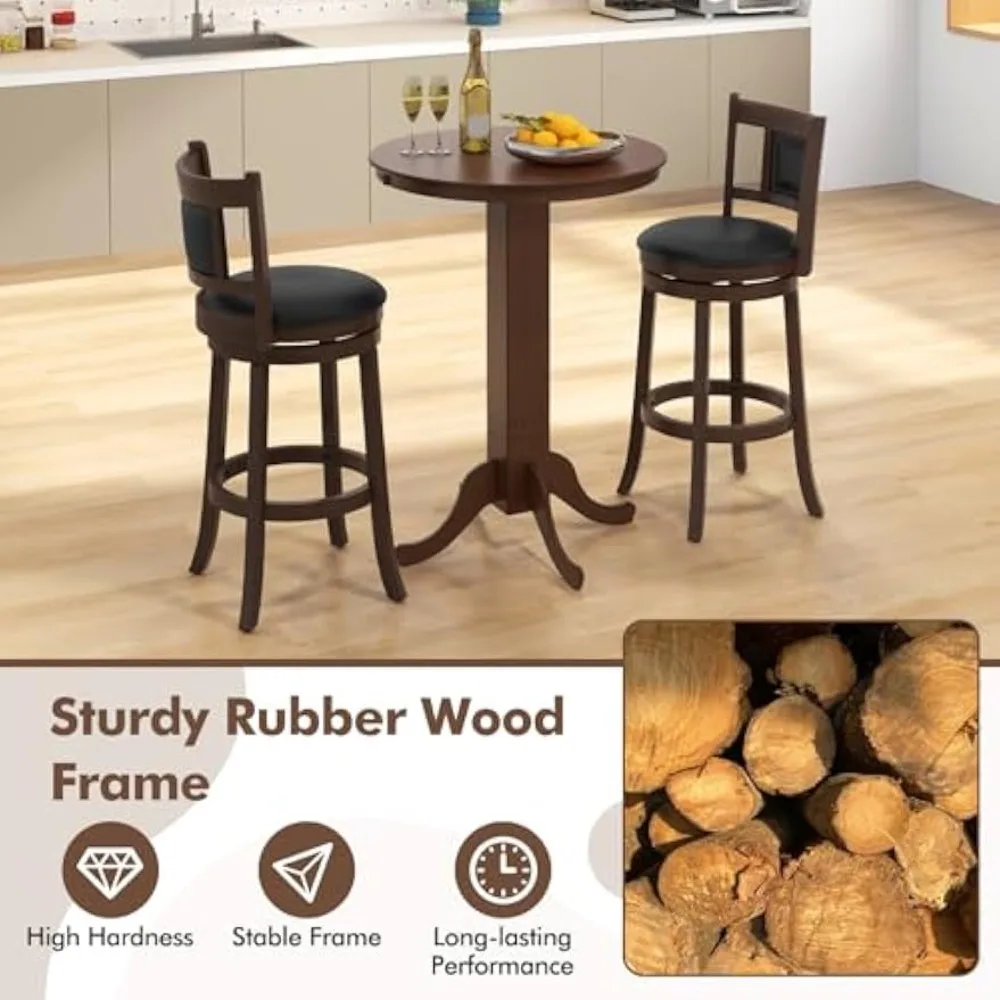 3 Piece Bar Table and Chairs Set, Round Counter Height Table, 2 Upholstered Swivel Bar Stools, Rubber Wood Frame, Farmhouse