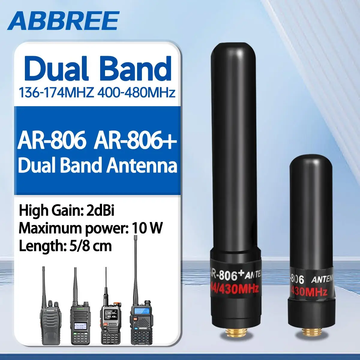 ABBREE AR-806+ Dwuzakresowa mini antena SMA-żeńska VHF UHF 10W o wysokim wzmocnieniu do Baofeng UV-5R BF-888S UV-21 PRO 5RH QUANSHENG UV-K5