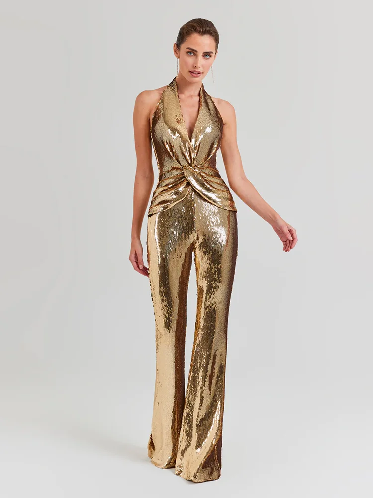 Ärmelloser Damen-Overall mit goldenen Pailletten, sexy V-Ausschnitt, glitzernde Pailletten, hohe Taille, weites Bein, Hosen-Overall, Promi-Abendparty