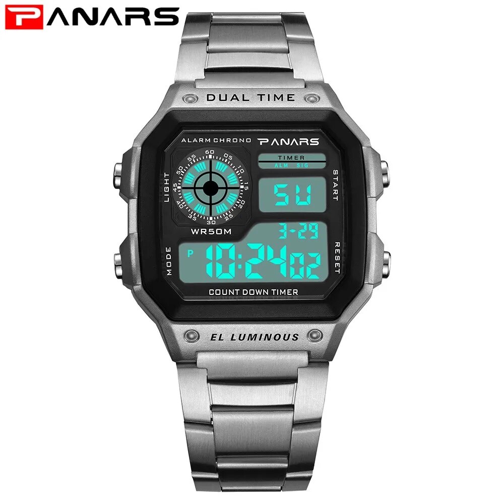 PANARS Top Luxo Aço Inoxidável Strap Esporte Relógios Mens À Prova D 'Água Back Light Digital Relógio De Pulso Masculino Alarme