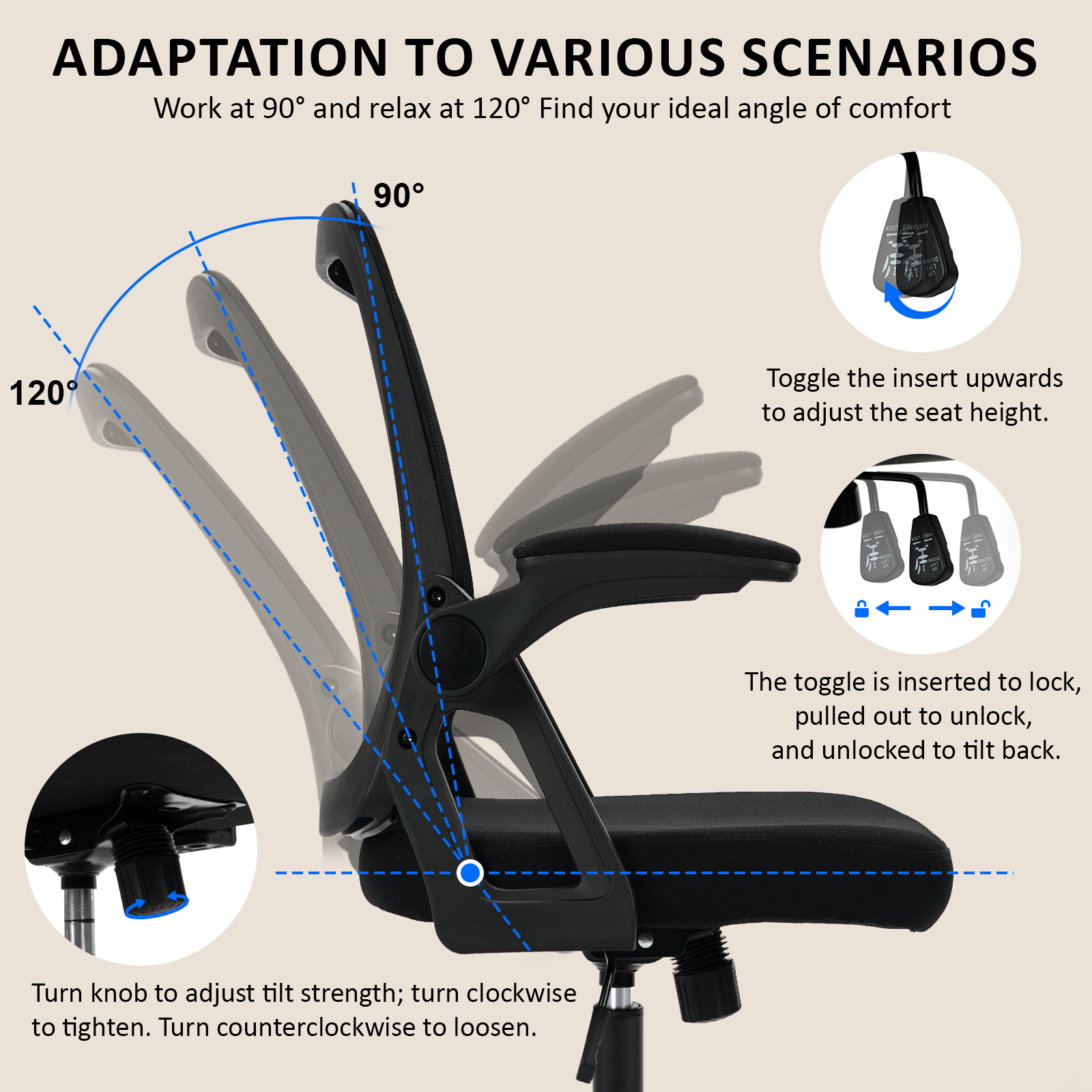 Milacyee Bureaustoel Ergonomisch Bureau met 90 °   Opklapbare armleuning lendensteun, in hoogte verstelbare stoel, thuis/kantoor