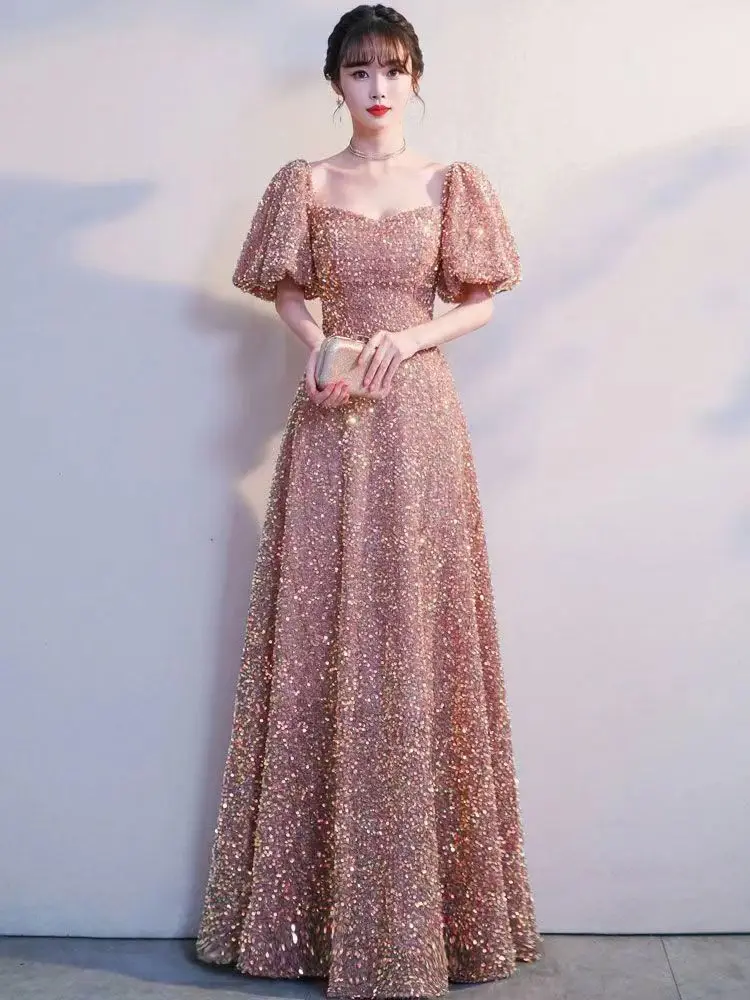 Vestidos de lentejuelas champán para mujer, vestido de fiesta con purpurina, abullonada manga, vestidos de celebridades elegantes para mujer