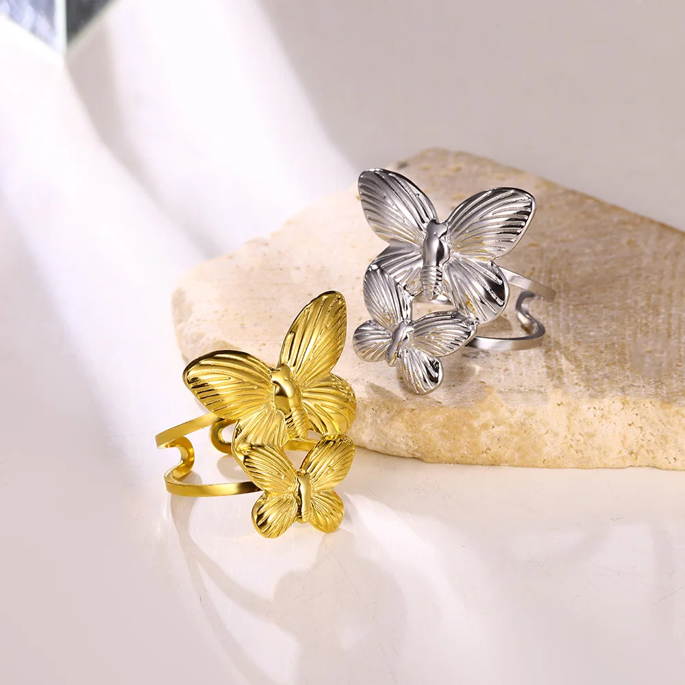 Anello esagerato in acciaio inossidabile con farfalla per le donne Cuore Fiore Geometria Anelli Festa di nozze Gioielli color oro Regali punk