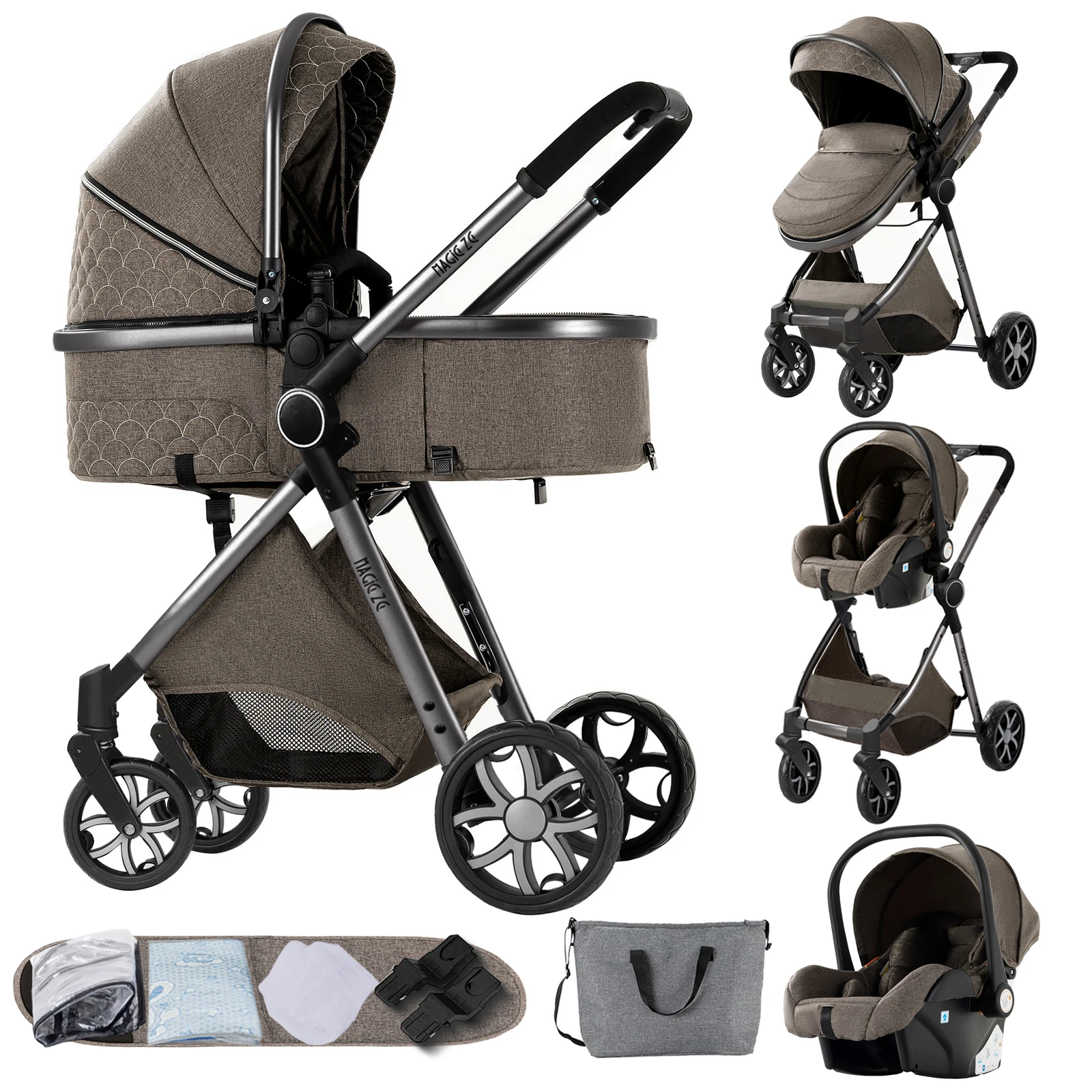 Kinderwagen – 4-in-1 lichtgewicht wagen met hoge landschapsmodus, compact opvouwbaar ontwerp voor reizen en dagelijks gebruik