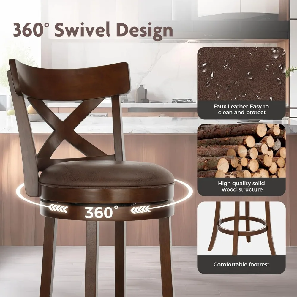 Swivel Bar Stools Set of 4, Kitchen Stools with Backs, 30 Inch Wooden Bar Stools, 360 Degrees Swivel Chair with Upholstered