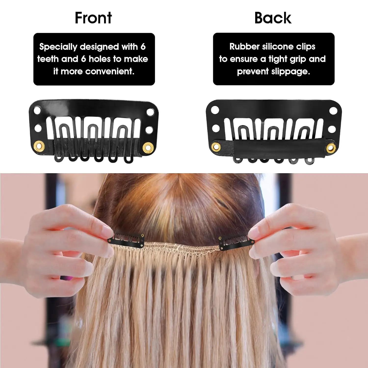Clip per parrucca a scatto da 20-200 pezzi Clip per estensione dei capelli a forma di U a 6 denti per proteggere la parrucca con clip per parrucca in gomma siliconica