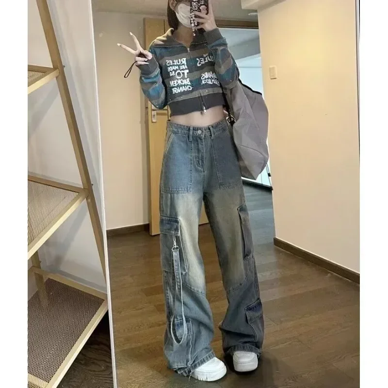 Weibliche Jeans, gespleißte Taschen, Cargohose, gewaschener Denim, hohe Taille, volle Länge, lockere, solide Basics, Patchwork, Distressed