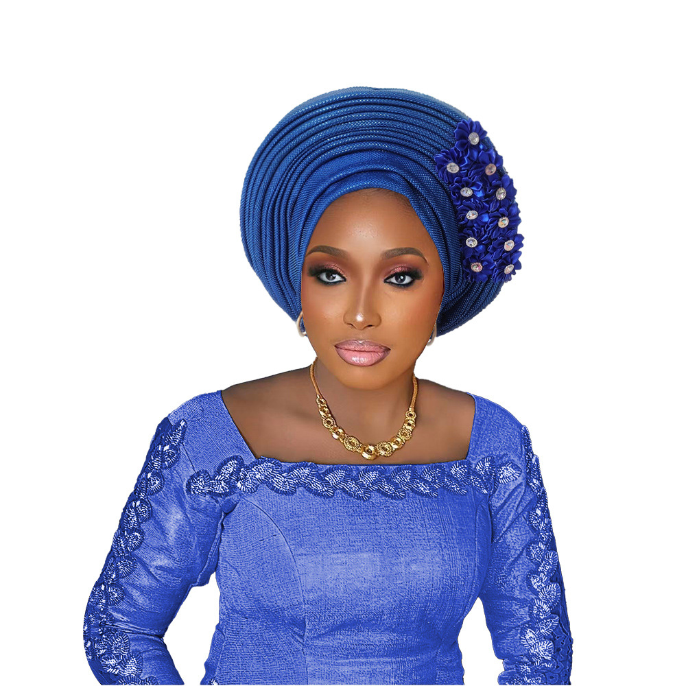Neue afrikanische Headtie Turban Nigeria Kopfbänder mit Blumen bereits hergestellt Auto Gele Frauen Kopfwickel für Hochzeitsfeier