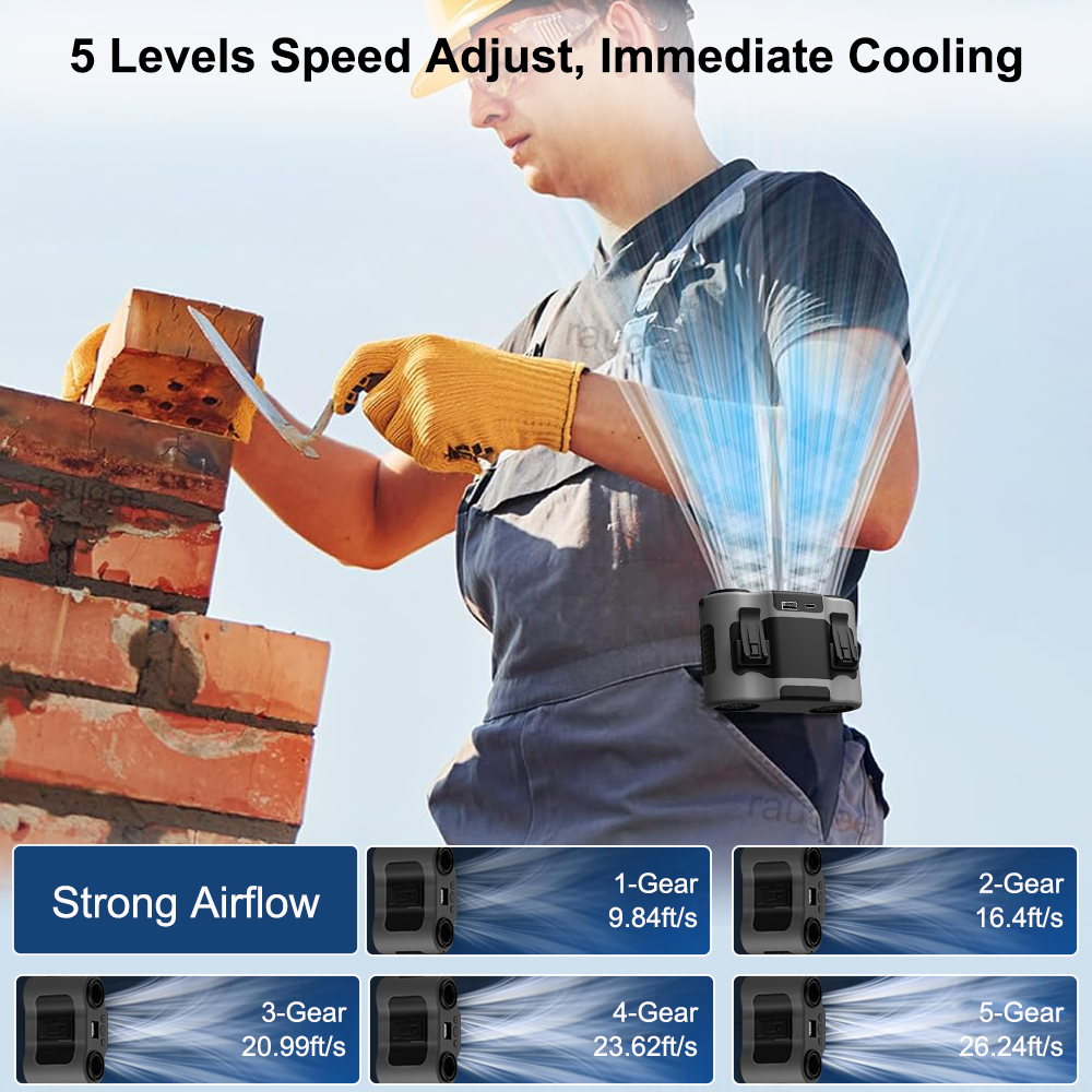 Draagbare tailleclipventilator Draagbare mini USB oplaadbare hangende ventilator voor buitenwerken Dubbele luchtuitlaat Tailleventilator 20000mAh