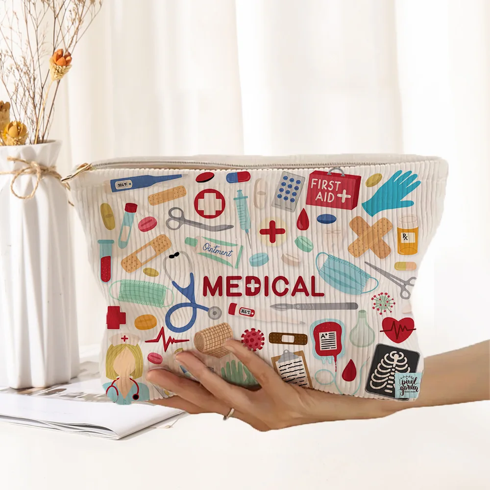Medizinische Make-up-Tasche aus Cord mit Graffiti-Aufdruck, leichte Make-up-Aufbewahrungsbox mit Reißverschluss, multifunktionale Tasche mit Futter
