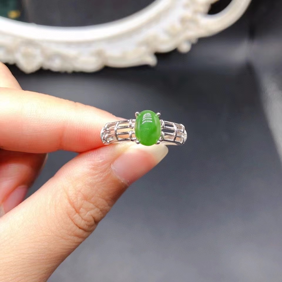 Merek perhiasan butik 925 perak murni Jasper hijau alami wanita cincin berongga hadiah ulang tahun anak perempuan pesta Natal