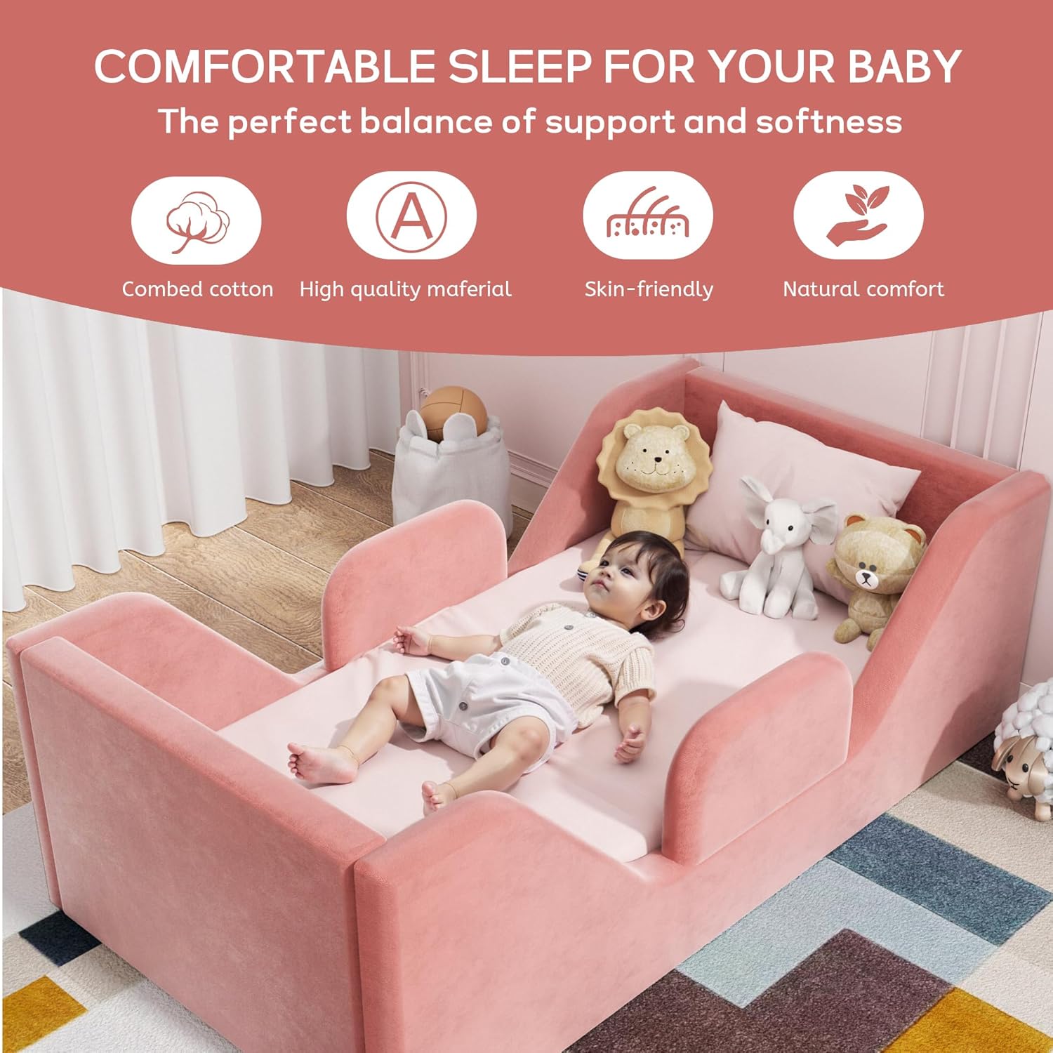Toddler Floor Bed Frame with Guard Rails, Small Bed for Kids Boys and Girls Aged 2-6 Years, Certified Fabric Toddler Beds,Pink
