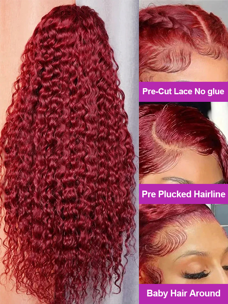 Perruque Brésilienne Bouclée en Cheveux Naturels, Deep Wave, Bordeaux 99J, 13x6, 13x4, 30/40 Pouces, HD Transparent, Vin Rouge