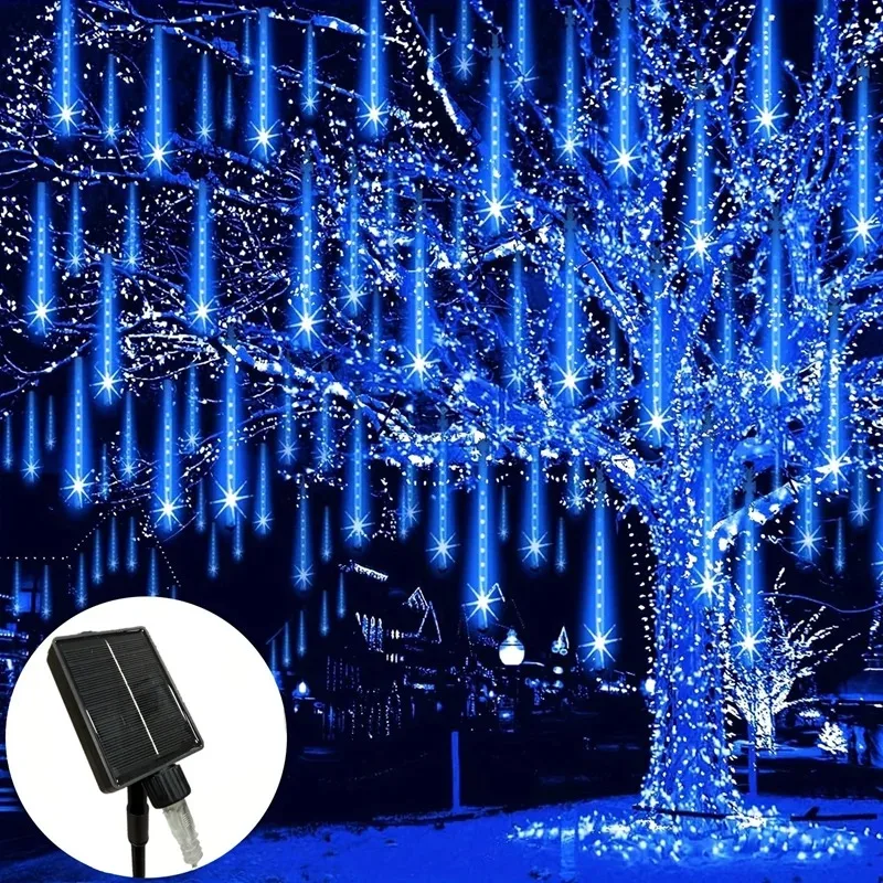 Luces solares de lluvia de meteoritos 30 cm 192 LED, cadena de hadas de gotas de lluvia que caen impermeable de 8 tubos para decoración navideña de bodas en el jardín