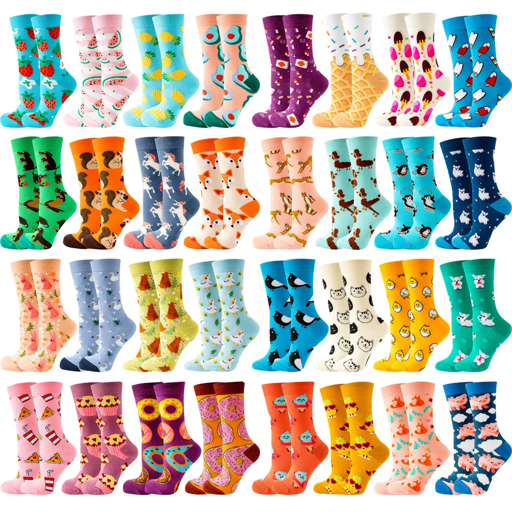 4 pares nueva moda colorido divertido feliz Casual mujeres calcetines vestido Harajuku lindo gato de dibujos animados perro limón Donut chica calcetines de algodón