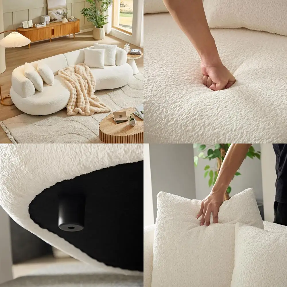 Contemporary 4-Seat Curved Sectional Sofa in Boucle Fabric with Pillows, Wooden Legs for Modern Living Room Seating