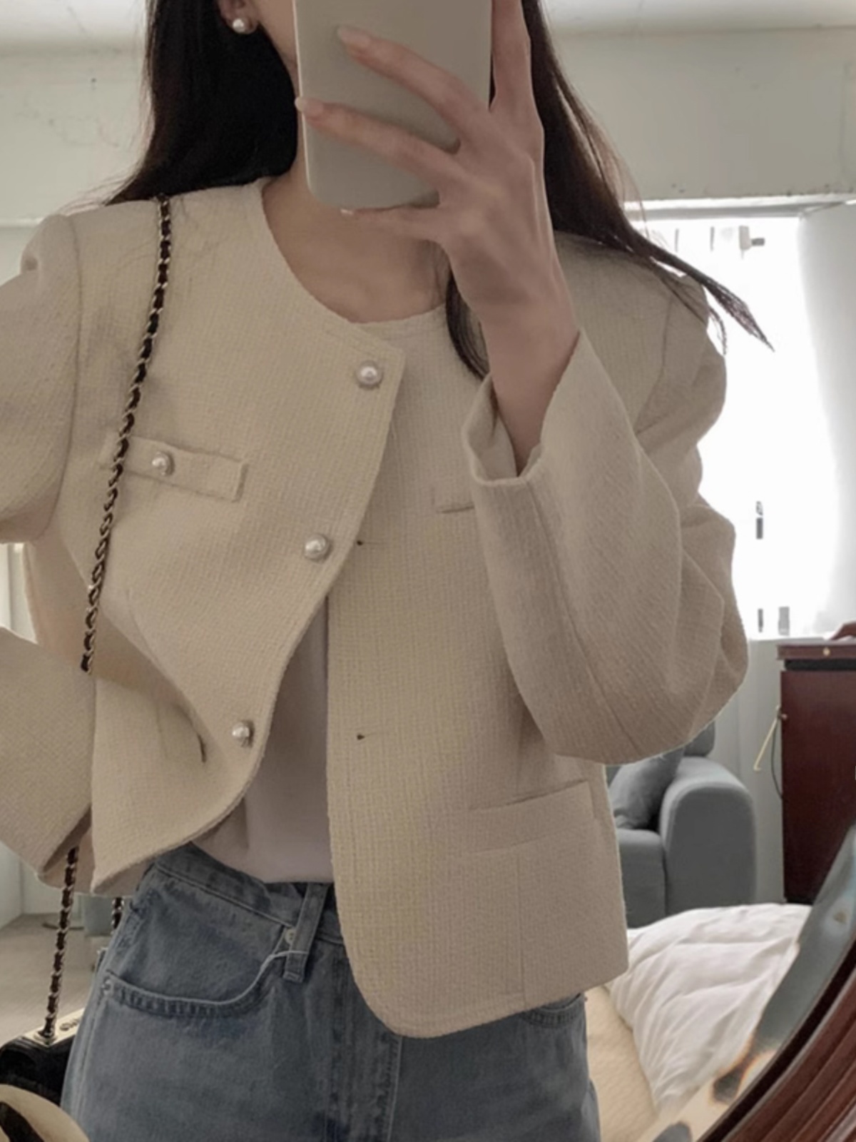 Chic Coarse Weave Short Thin Bubble Sleeve round Neck Button up Outerwear for Women Slish Commute Loose Fit Autumn Top